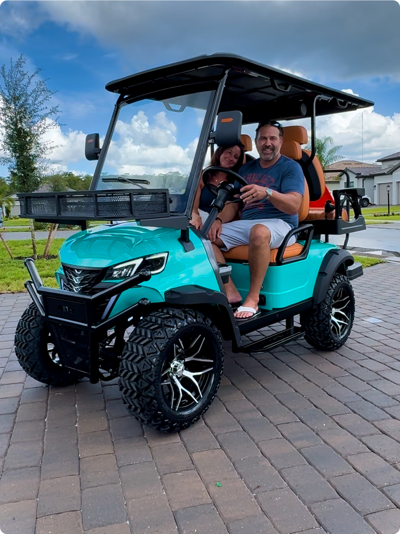 Family enjoying a golf cart ride